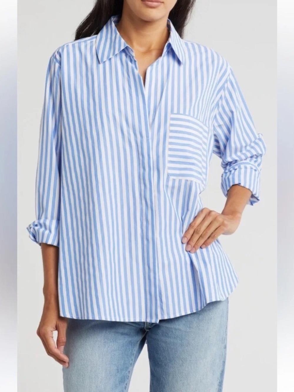French Connection Oversied Blue and White Striped Button Up Shirt Sz Medium